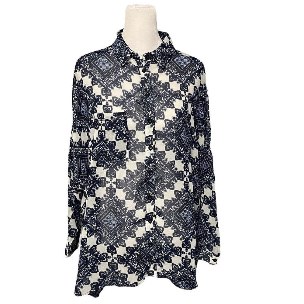 Sans Souci Blue Oversized Geo Print Blouse Size Small